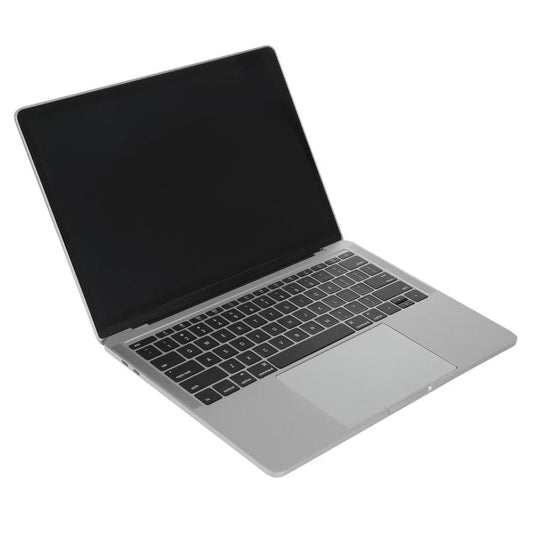 MacBook Pro-style dummy laptop, open with dark screen and silver keyboard deck