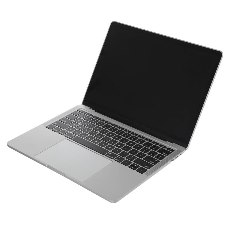 MacBook Pro-style dummy laptop, open with dark screen and grey keyboard deck