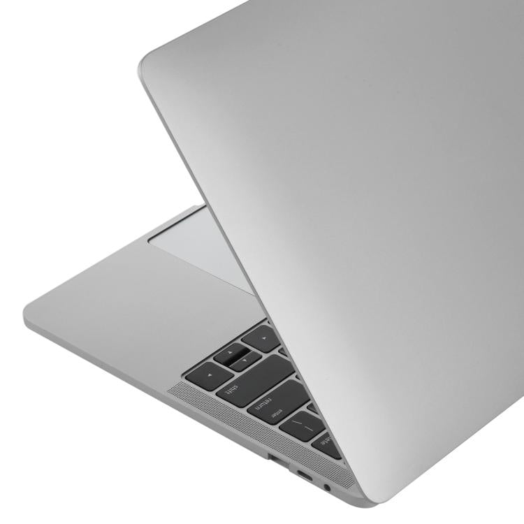 MacBook Pro-style dummy laptop open, dark screen with grey keyboard and trackpad