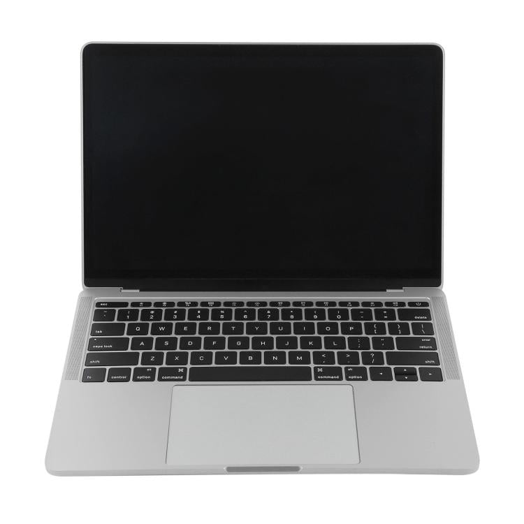 MacBook Pro-style dummy laptop front view, dark screen and silver keyboard deck