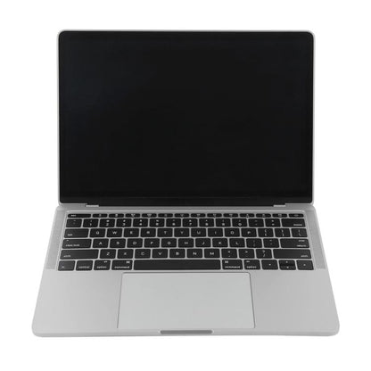 MacBook Pro-style dummy laptop front view, dark screen and silver keyboard deck