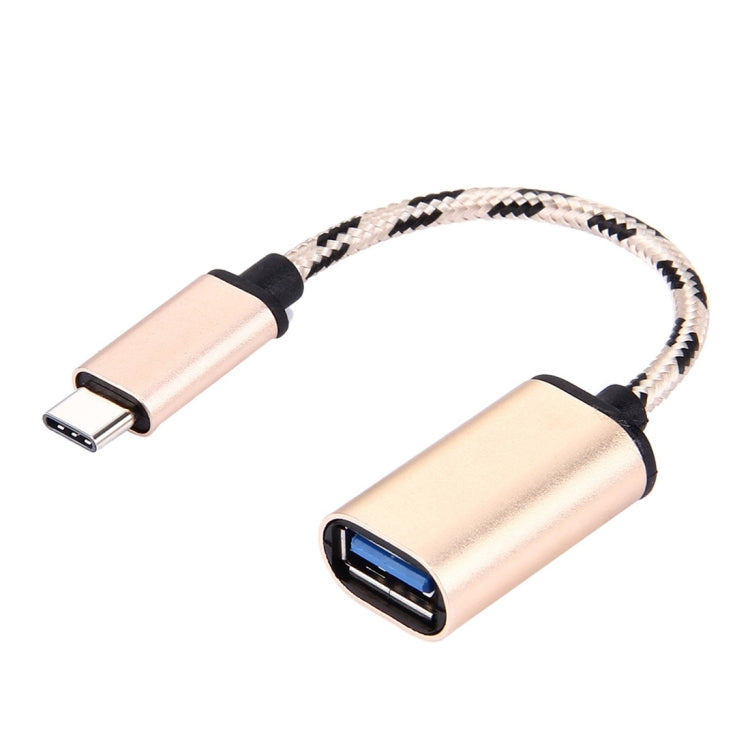 Gold woven USB-C male to USB 2.0 female data cable with black strain relief