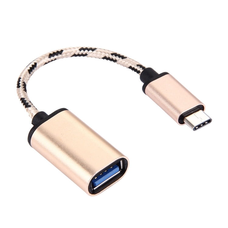 Gold USB-C male and USB 2.0 female ends on a braided cable with black accents