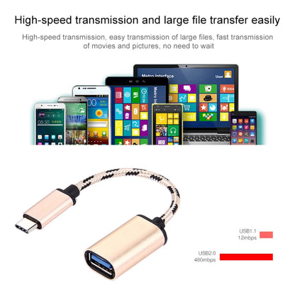 Braided gold USB-C male to USB 2.0 female data cable with metal connector heads