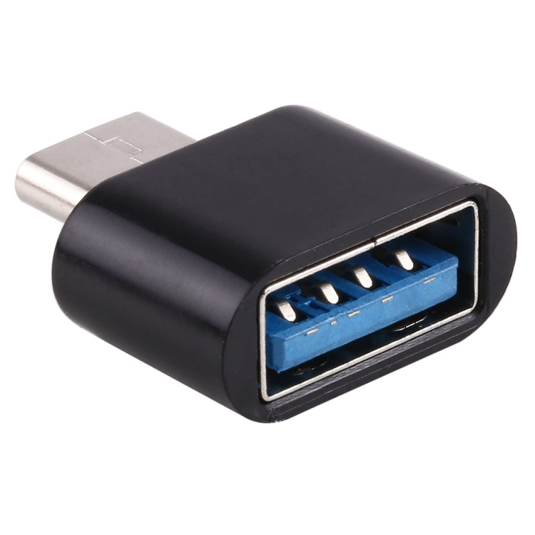 Black USB-C to USB 2.0 OTG adapter, showing blue USB female connector