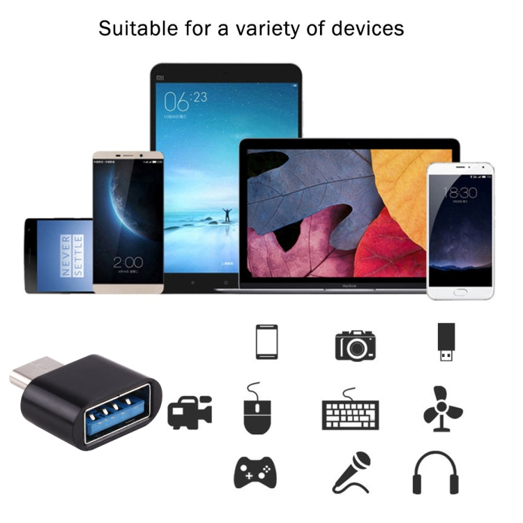 Black USB-C OTG adapter shown with compatibility icons for devices