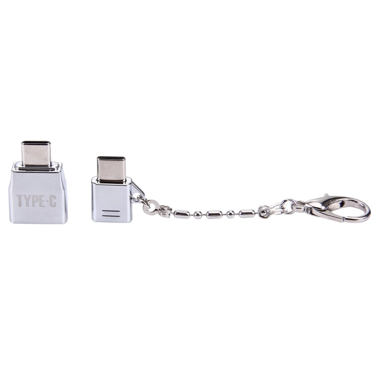 Two metal USB-C adapters with key chain and Type-C markings, keyring