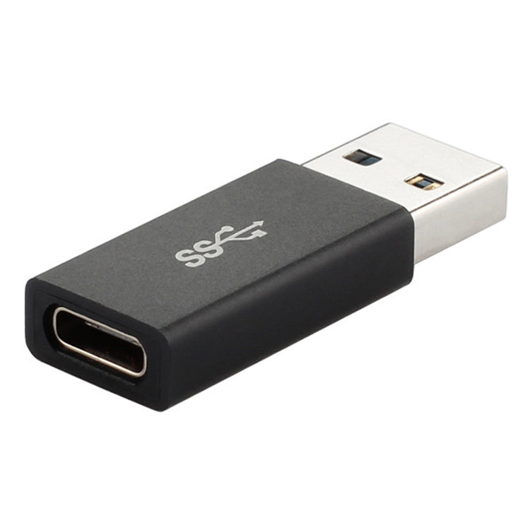 Black USB-C to USB-A (USB 3.0) adapter with SuperSpeed markings, metal housing
