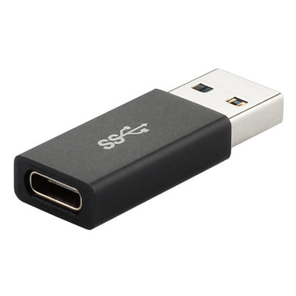 Black USB-C to USB-A (USB 3.0) adapter with SuperSpeed markings, metal housing
