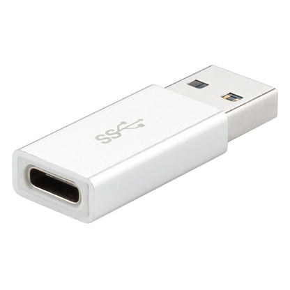 White USB-C to USB-A (USB 3.0) adapter with SuperSpeed markings, metal housing