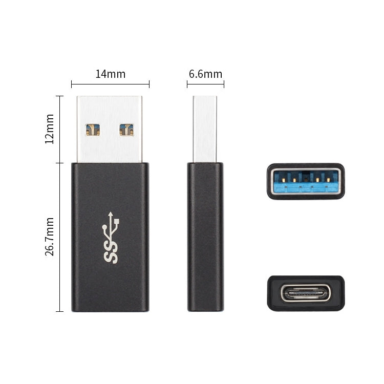 USB-C to USB-A adapter size diagram with port icons and black connector housing