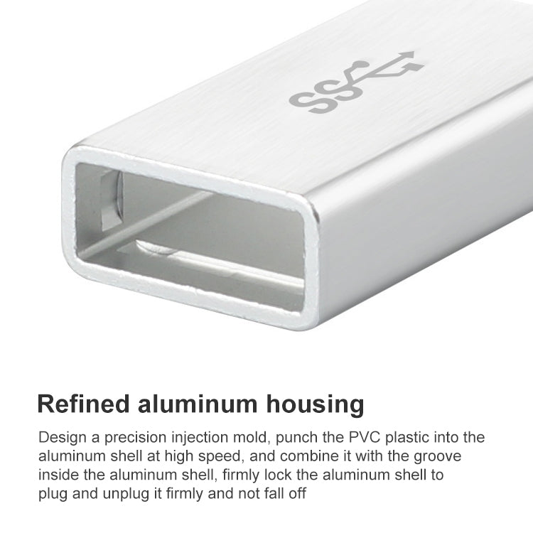 White USB-C to USB-A adapter with refined aluminum housing close-up and logo