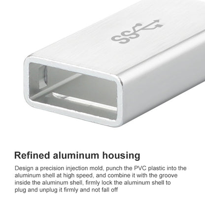 White USB-C to USB-A adapter with refined aluminum housing close-up and logo