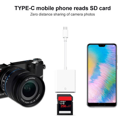 White SD card reader with USB-C cable and inserted SD card for phones