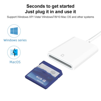 White SD card reader with USB-C connector and inserted SD memory card