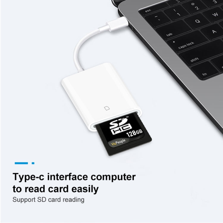 White SD card reader with USB-C connector and attached SD card, for laptop