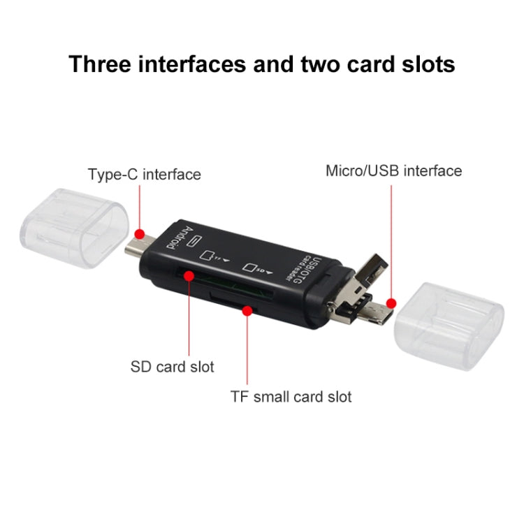 Black card reader adapter with Type-C and Micro/USB ports plus SD and TF slots