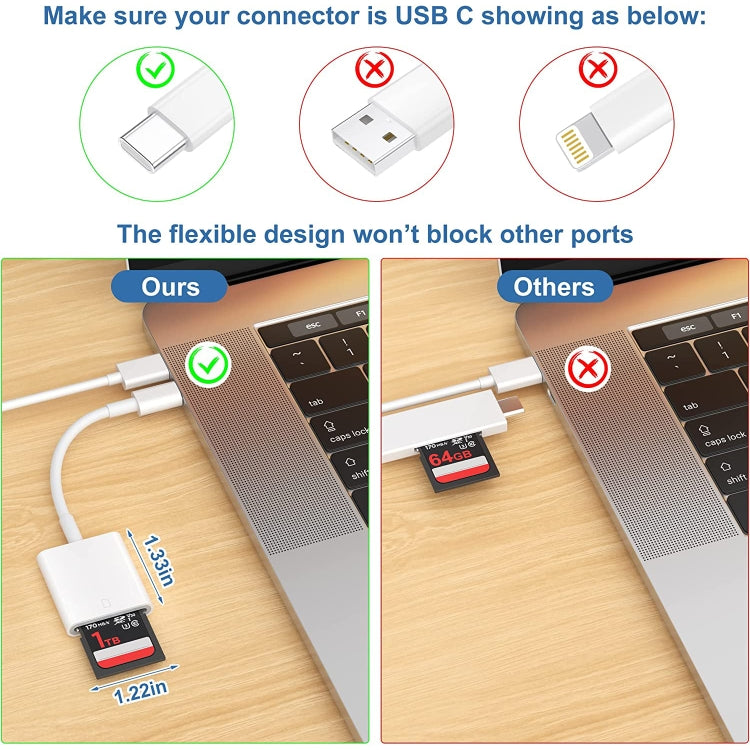 USB-C SD card reader adapter connected with SD card for data transfer