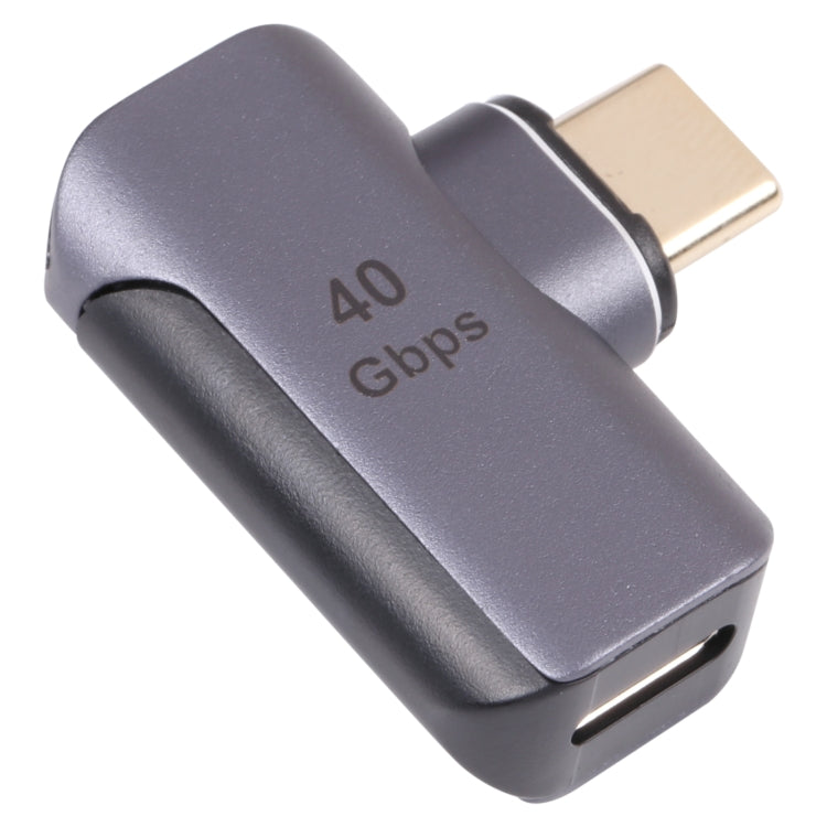Dark gray USB-C male to female elbow adapter, 40Gbps, metal connectors
