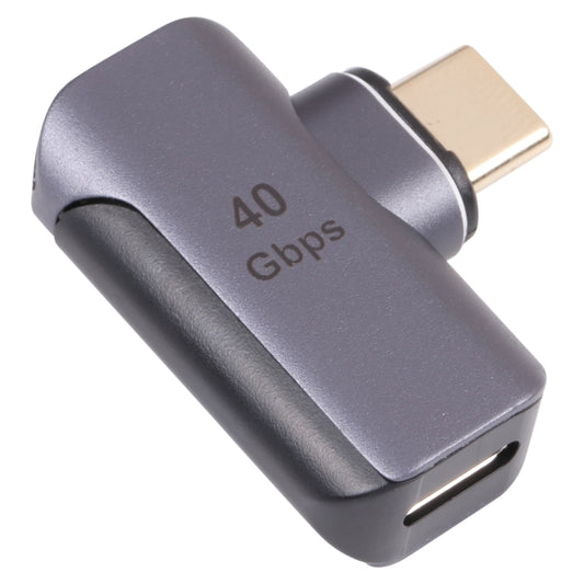 Dark gray USB-C male to female elbow adapter, 40Gbps, metal connectors