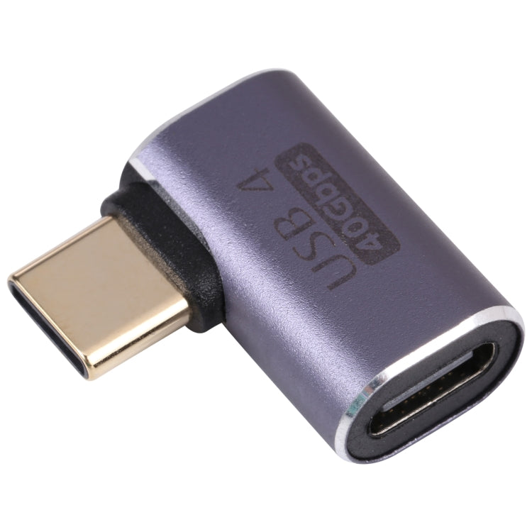 USB-C male to female elbow adapter with metallic purple housing and angled USB-C ports