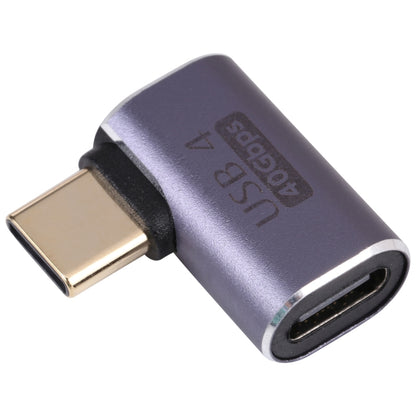 USB-C male to female elbow adapter with metallic purple housing and angled USB-C ports