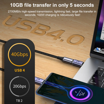 USB-C elbow adapter with attached USB cable, metallic purple connector body
