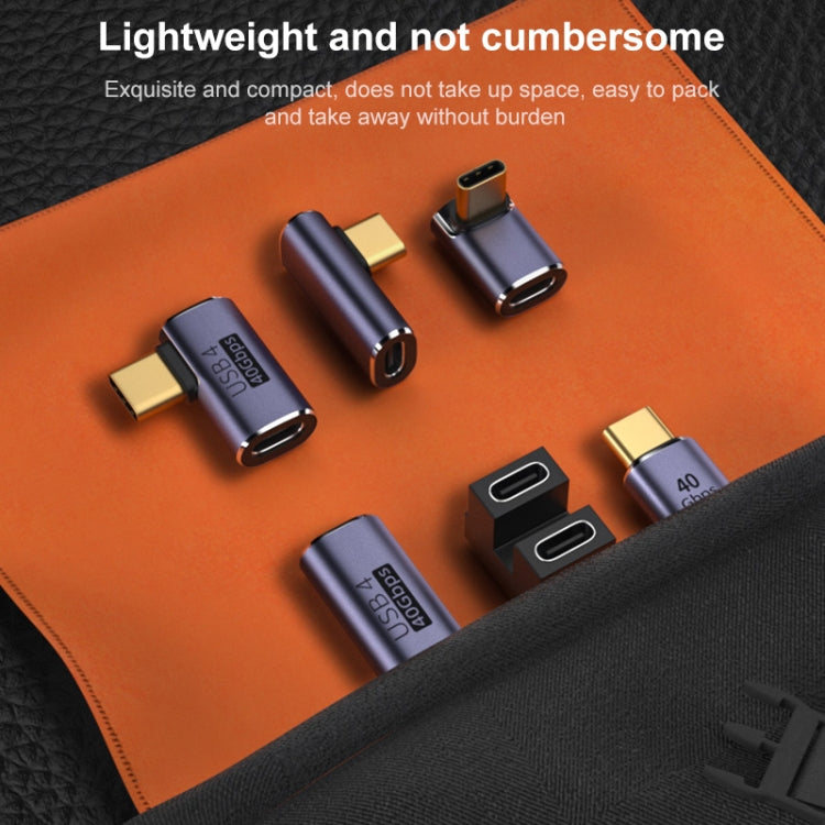 USB-C elbow adapters set with metallic purple connectors and USB-C plugs on cloth