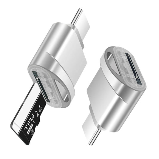 Silver USB-C Type-C to TF card reader adapter with TF card inserted