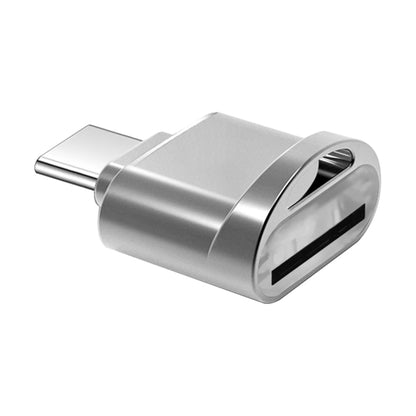 Silver USB-C to TF card reader adapter, front TF card slot view