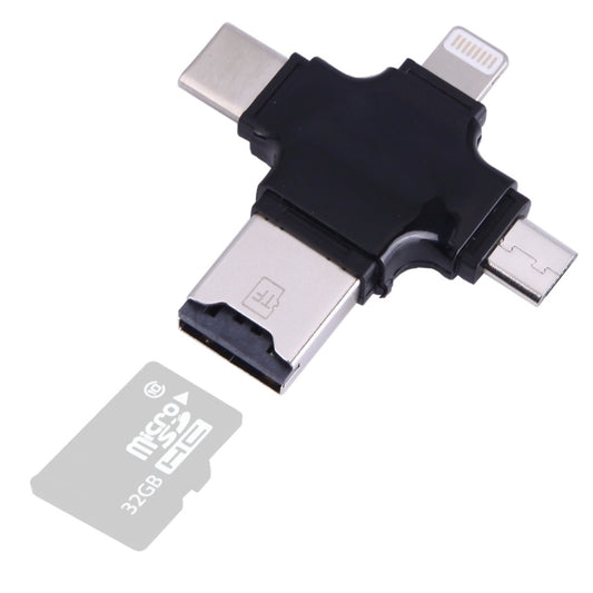 Black 4-in-1 card reader adapter with USB-C, USB, Micro-USB, and Lightning ports
