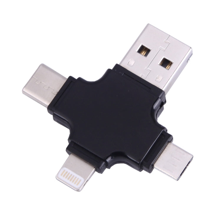 Black 4-in-1 card reader adapter with USB-C, USB, Micro-USB, and Lightning ports