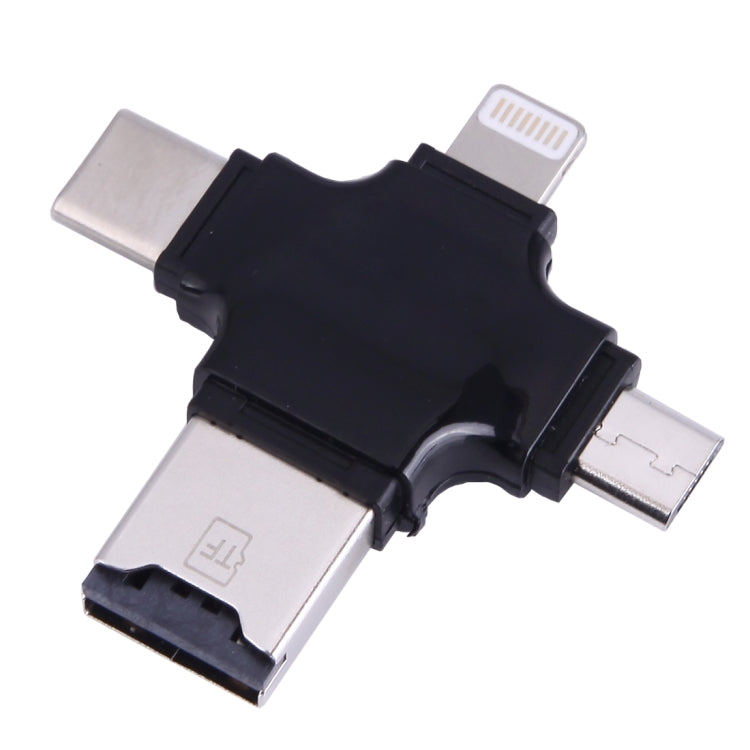 Black 4-in-1 card reader adapter with USB-C and Micro-USB connectors