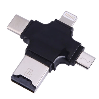 Black 4-in-1 card reader adapter with USB-C and Micro-USB connectors