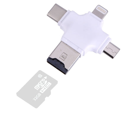 White 4-in-1 card reader adapter with USB-C, USB, and Micro-USB connectors