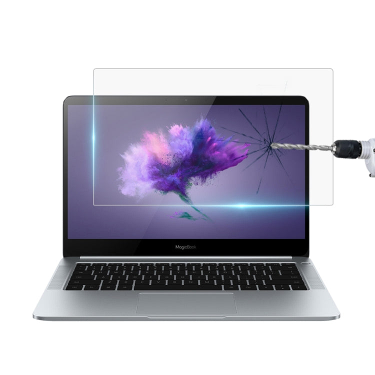 Laptop screen tempered glass protector film over display, clear and scratch-resistant