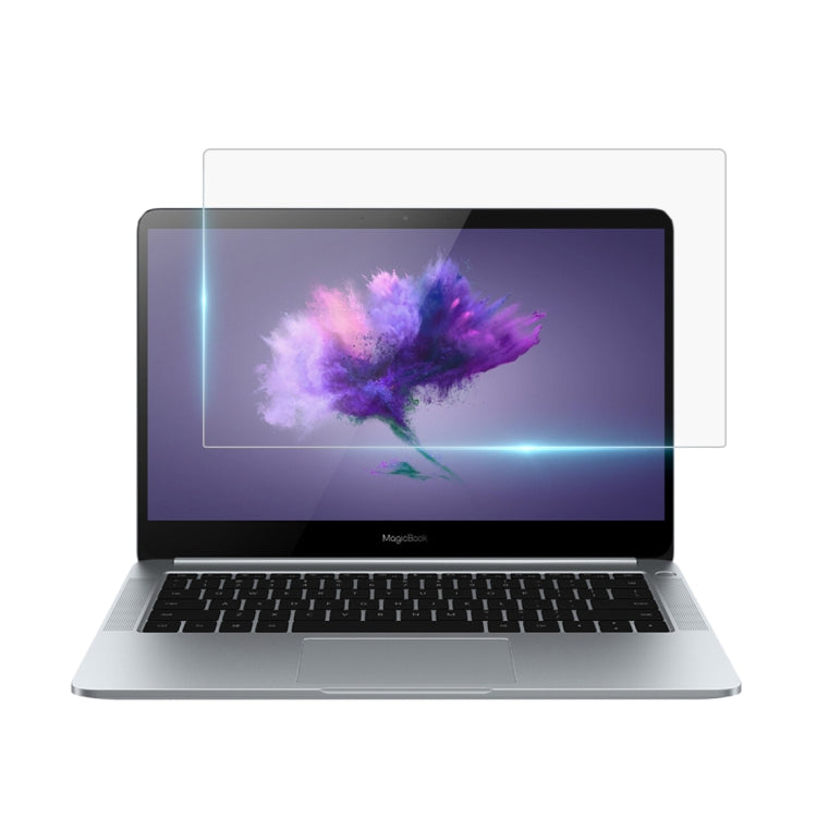 Tempered glass screen protector placed on laptop display, clear protective layer