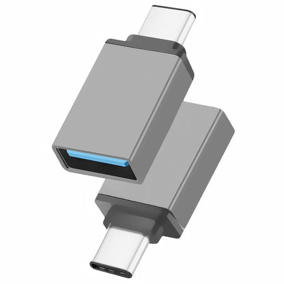 Metal USB-C to USB 3.0 adapter with blue port, light gray and dark-gray housing