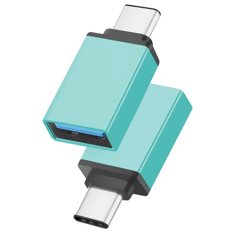 Metal USB-C to USB 3.0 adapter in teal, blue USB port and dark-gray housing