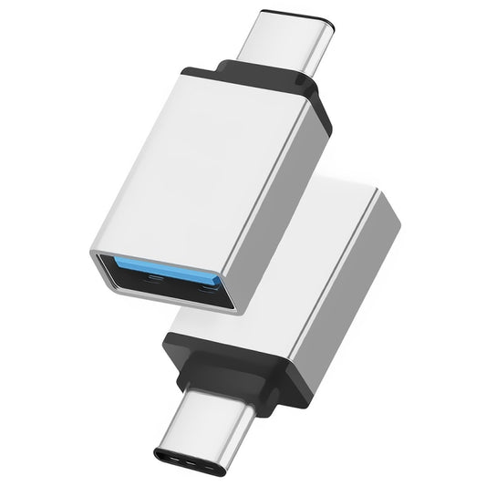 Metal USB-C to USB 3.0 adapter with blue USB port, silver and dark-gray body