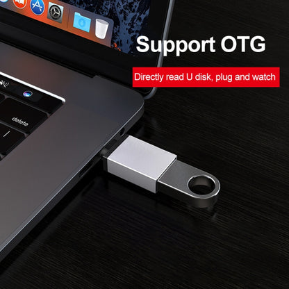 USB-C data adapter shown connected to a laptop with keychain-style ring