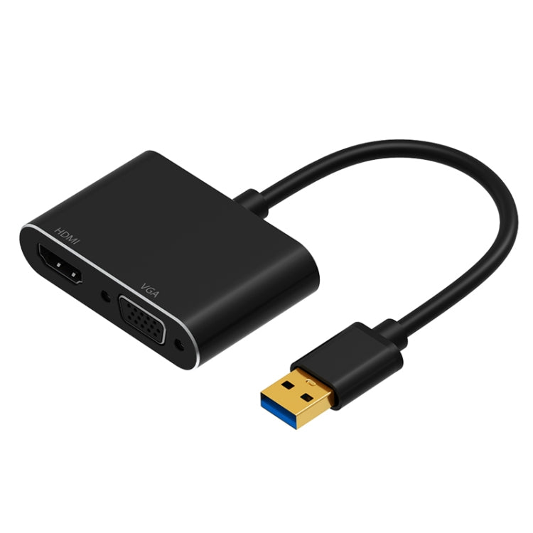 Black 2-in-1 USB 3.0 to VGA/HDMI video converter with adapter cables