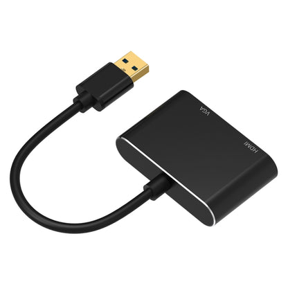 Black USB 3.0 video converter showing HDMI and VGA ports on both ends