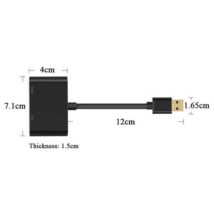 Black 2-in-1 video converter size dimensions with USB 3.0 cable