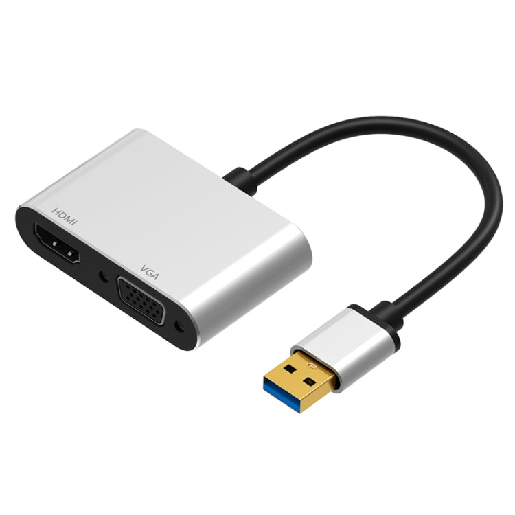 Silver 2-in-1 USB 3.0 to VGA/HDMI video converter with HDMI and VGA ports