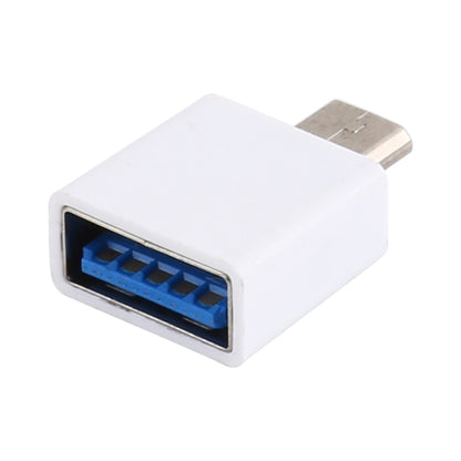 Micro USB to USB OTG adapter with blue USB port and white connector housing