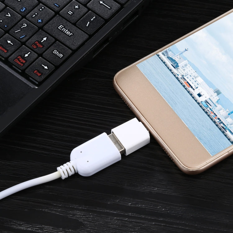 White Micro USB OTG adapter inline between smartphone and cable