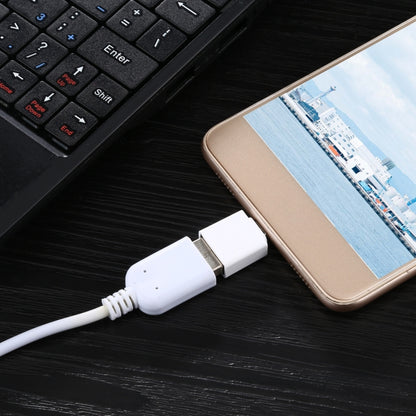 White Micro USB OTG adapter inline between smartphone and cable
