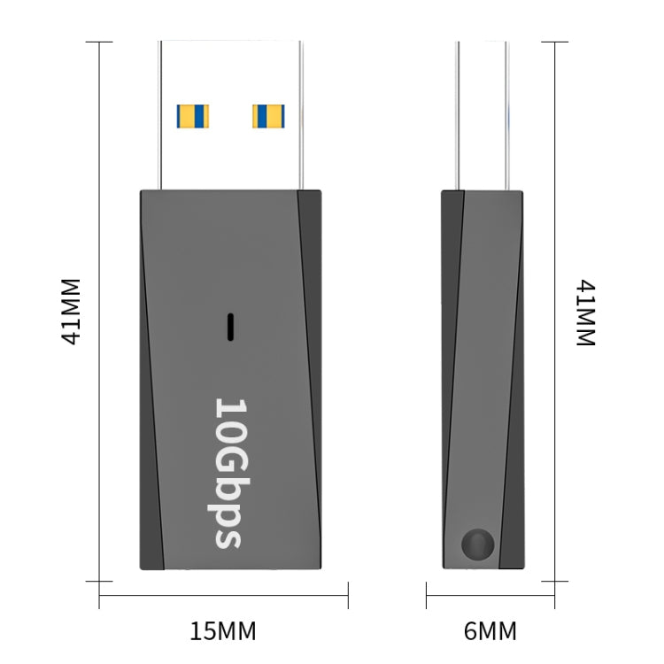 USB 3.1 male-to-USB-C female adapter size diagram with USB-C port and plug