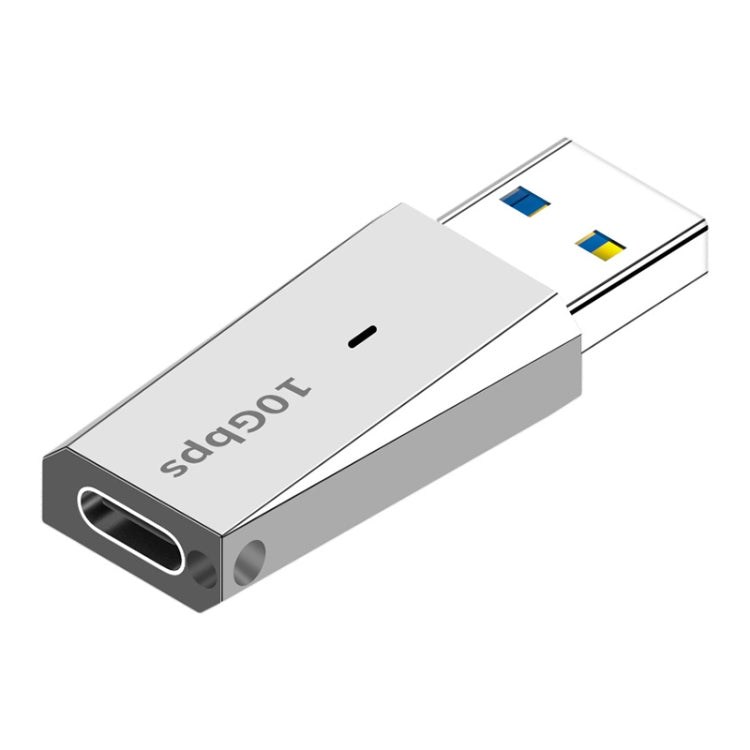 Silver USB 3.1 male-to-USB-C female adapter with USB-C port end and prongs